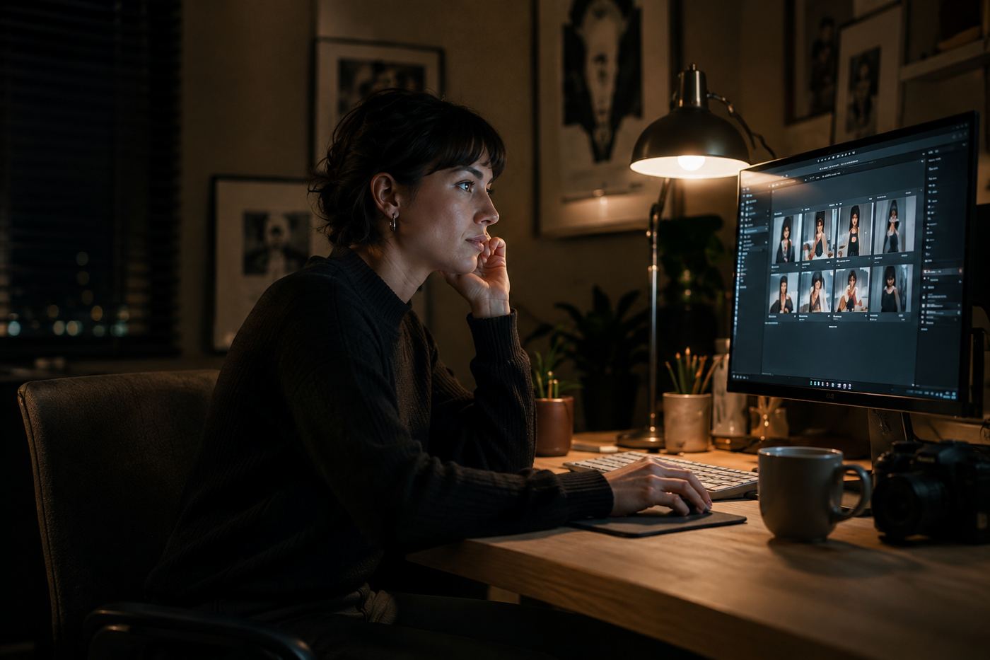 A creative professional reviewing a photo selection at her desk at night